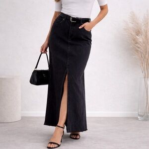 NA-KD Denim Wide Maxi Skirt High Rise Front Slit Dark Wash Size 40